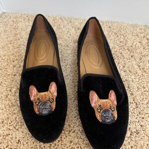 Black Velvet Loafers with French Bulldog Embroidery NWOT